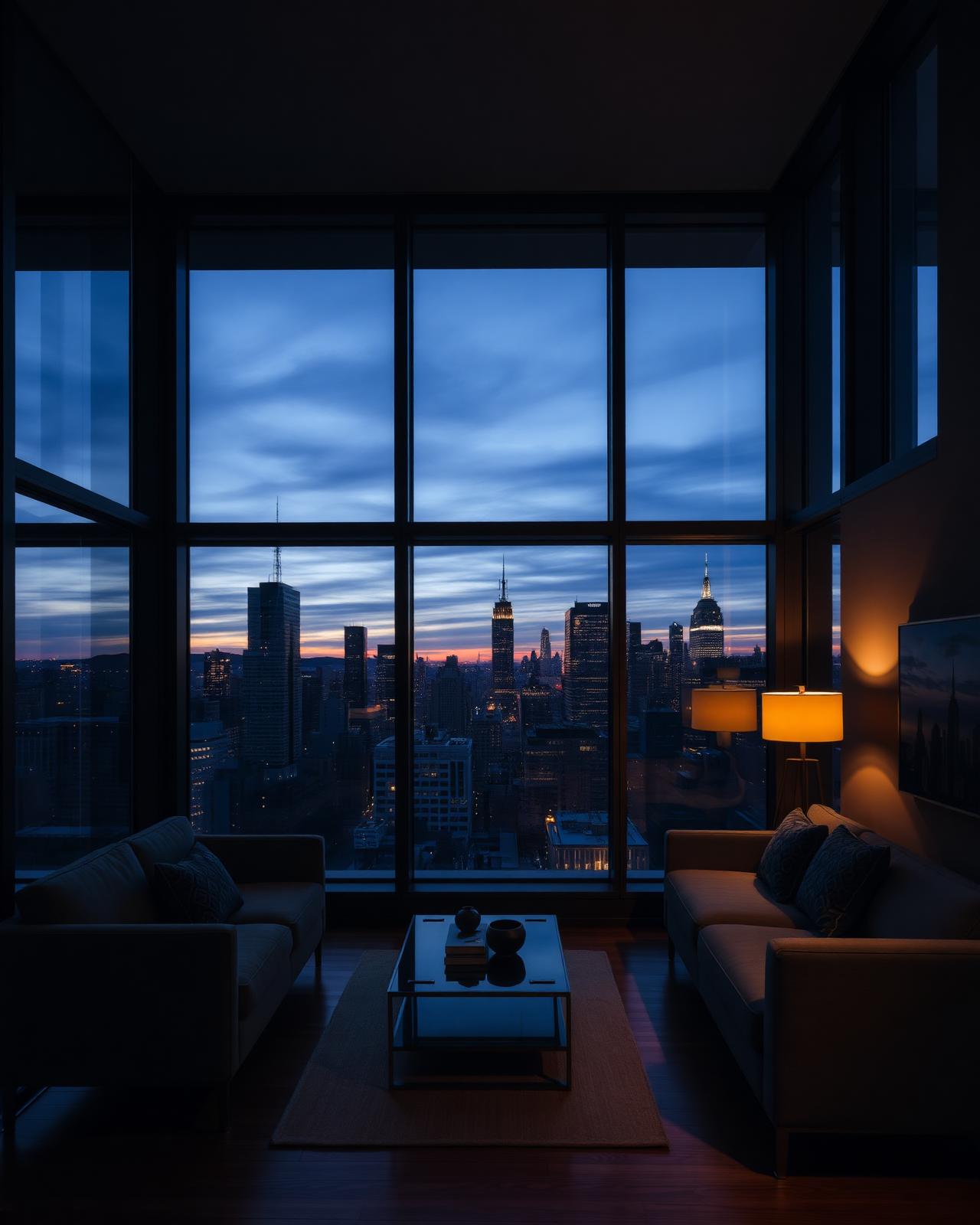 High-rise apartment interior at dusk